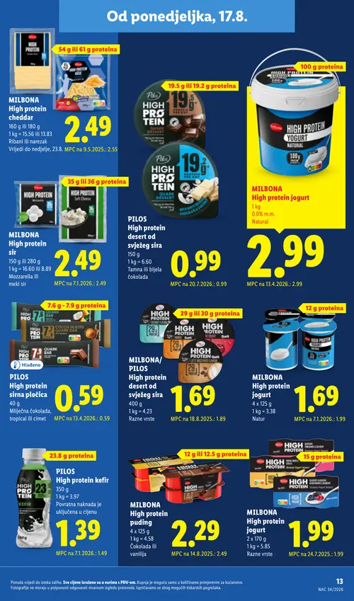 Lidl katalog — stranica 13: MILBONA High protein jogurt, MILBONA/PILOS High protein desert od svježeg sira, MILBONA High protein puding, PILOS High protein kefir (vrijedi 17. 08. 2026.–23. 08. 2026.)