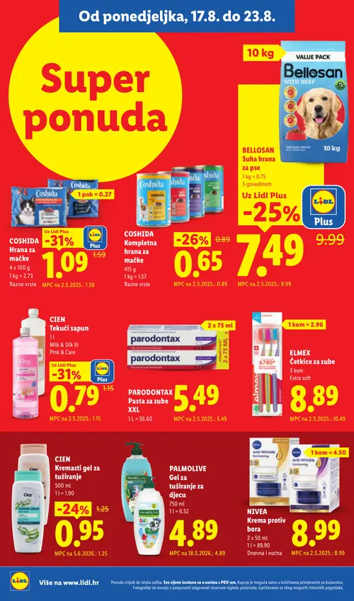 Lidl katalog — stranica 16: COSHIDA Hrana za mačke, CIEN Tekući sapun Milk & Silk ili Pink & Care, COSHIDA Kompletnu hrana za mačke, BELLOSAN Suha hrana za pse s govedinom (vrijedi 17. 08. 2026.–23. 08. 2026.)