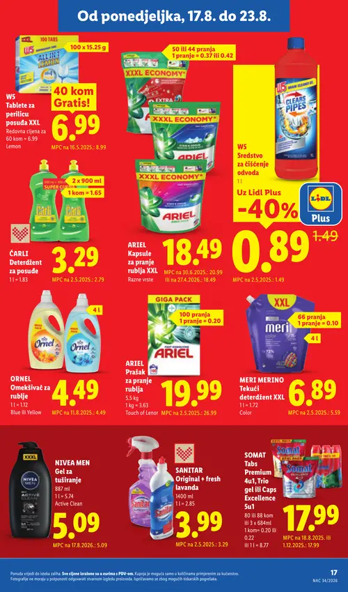 Lidl katalog — stranica 17: W5 Sredstvo za čišćenje odvoda, Ariel Prašak za pranje rublja, Ariel kapsule za pranje rublja XXL Razne vrste, SANITAR Original + fresh lavanda (vrijedi 17. 08. 2026.–23. 08. 2026.)