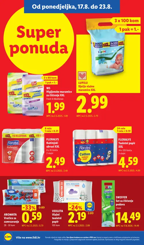 Lidl katalog — stranica 18: AROMATA Vrećice za zamrzavanje, VIOLETA Vlažni toaletni papir, Floralys Toaletni papir XXL, Floralys Cotton toaletni papir (vrijedi 17. 08. 2026.–23. 08. 2026.)