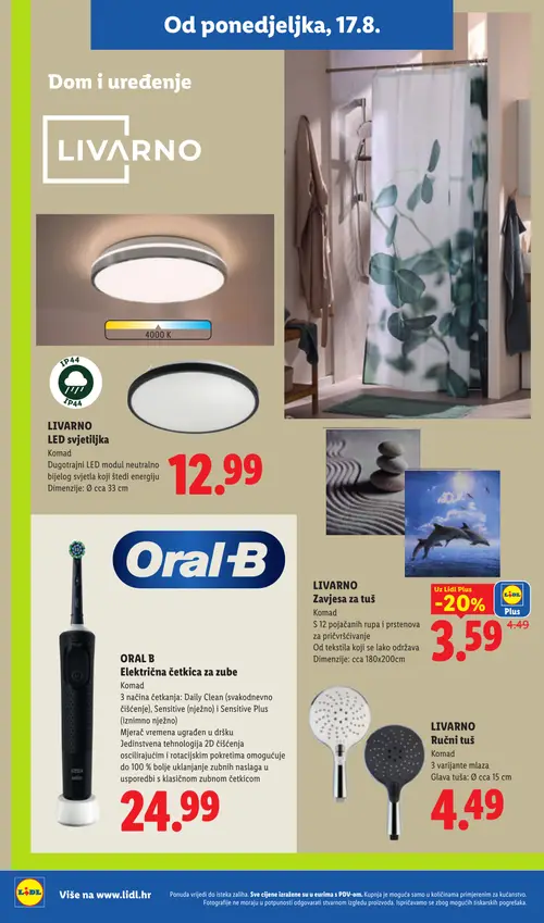 Lidl katalog — stranica 24: LIVARNO Zavjesa za tuš, LIVARNO LED svjetiljka, ORAL B Električna četkica za zube, LIVARNO Ručni tuš (vrijedi 17. 08. 2026.–23. 08. 2026.)