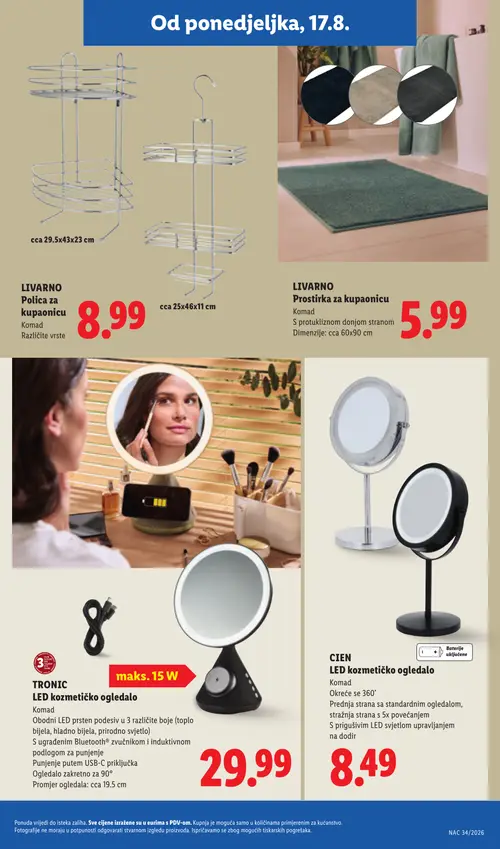 Lidl katalog — stranica 25: LIVARNO Polica za kupaonicu, LIVARNO Prostirka za kupaonicu, TRONIC LED kozmetičko ogledalo, CIEN LED kozmetičko ogledalo (vrijedi 17. 08. 2026.–23. 08. 2026.)