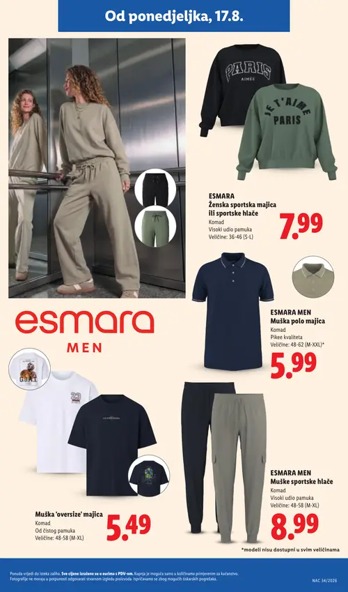 Lidl katalog — stranica 27: ESMARA Ženska sportska majica ili sportske hlače, ESMARA MEN Muška polo majica, Muška 'oversize' majica, ESMARA MEN Muške sportske hlače (vrijedi 17. 08. 2026.–23. 08. 2026.)
