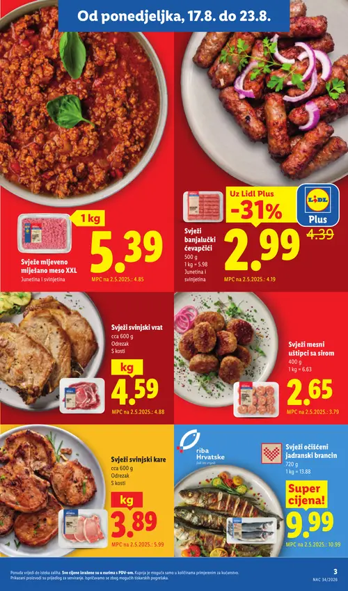 Lidl katalog — stranica 3: Svježi svinjski kare, Svježi mesni uštipci sa sirom, Svježi banjalučki ćevapčići, Svježi očišćeni jadranski brancin (vrijedi 17. 08. 2026.–23. 08. 2026.)