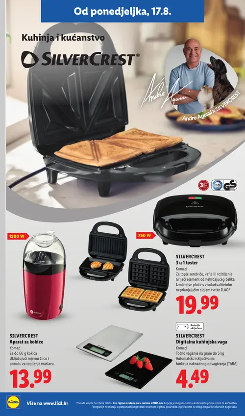 Lidl katalog — stranica 32: SILVERCREST 3 u 1 toster, SILVERCREST Aparat za kokice, SILVERCREST Digitalna kuhinjska vaga (vrijedi 17. 08. 2026.–23. 08. 2026.)