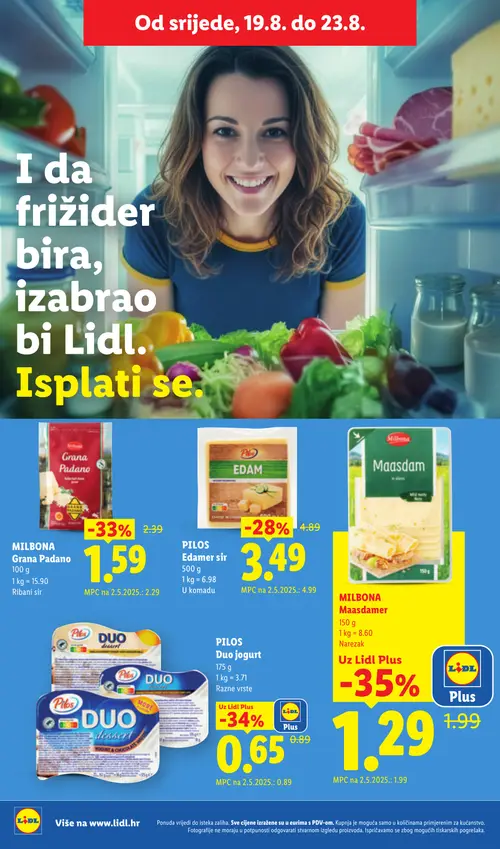 Lidl katalog — stranica 46: MILBONA Maasdamer, MILBONA Grana Padano, PILOS Edamer sir, PILOS Duo jogurt (vrijedi 17. 08. 2026.–23. 08. 2026.)