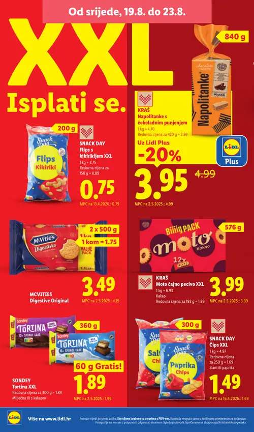 Lidl katalog — stranica 56: Kraš Napolitanke s čokoladnim punjenjem, McVitie's Digestive Original, Snack Day Čips XXL, Snack Day Flips s kikirikijem XXL (vrijedi 17. 08. 2026.–23. 08. 2026.)