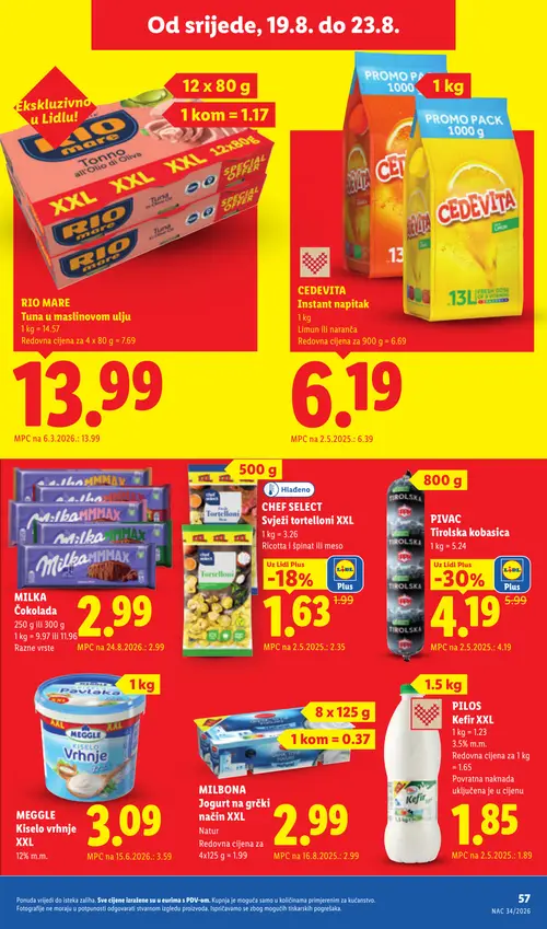 Lidl katalog — stranica 57: PIVAC Tirolska kobasica, CHEF SELECT Svježi tortelloni XXL, MEGGLE Kiselo vrhnje XXL, CEDEVITA Instant napitak Limun ili naranča (vrijedi 17. 08. 2026.–23. 08. 2026.)