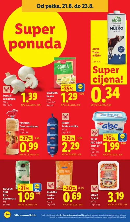 Lidl katalog — stranica 62: MILBONA Gouda, TASTINO Toast s maslacem, PIKOK Šunka u ovitku, GOLDEN SUN Riža dugozrnata (vrijedi 17. 08. 2026.–23. 08. 2026.)