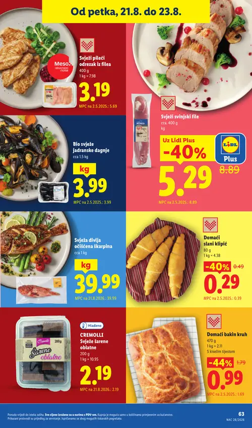 Lidl katalog — stranica 63: Domaći bakin kruh, Domaći slani klipić, Svježi svinjski file (vrijedi 17. 08. 2026.–23. 08. 2026.)