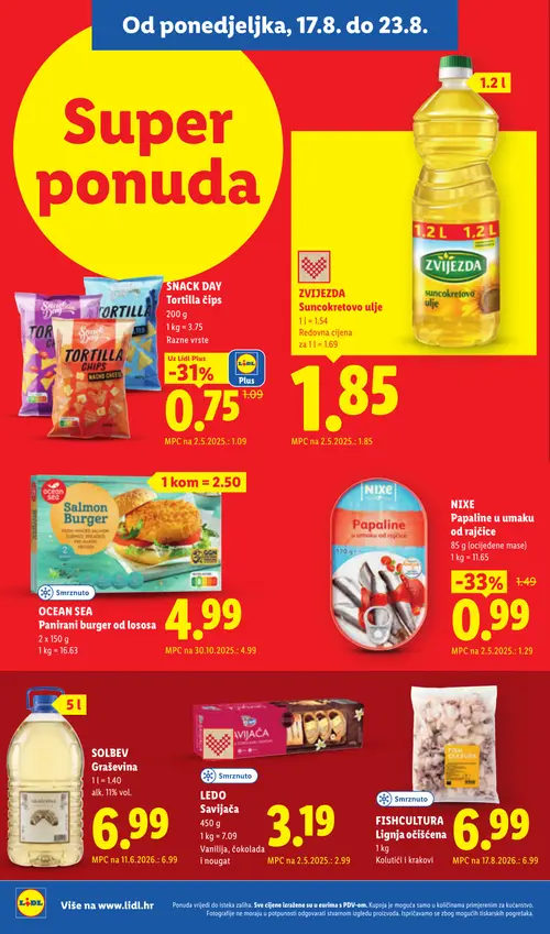 Lidl katalog — stranica 8: Snack Day Tortilla čips Nacho Cheese, NIXE Papaline u umaku od rajčice (vrijedi 17. 08. 2026.–23. 08. 2026.)