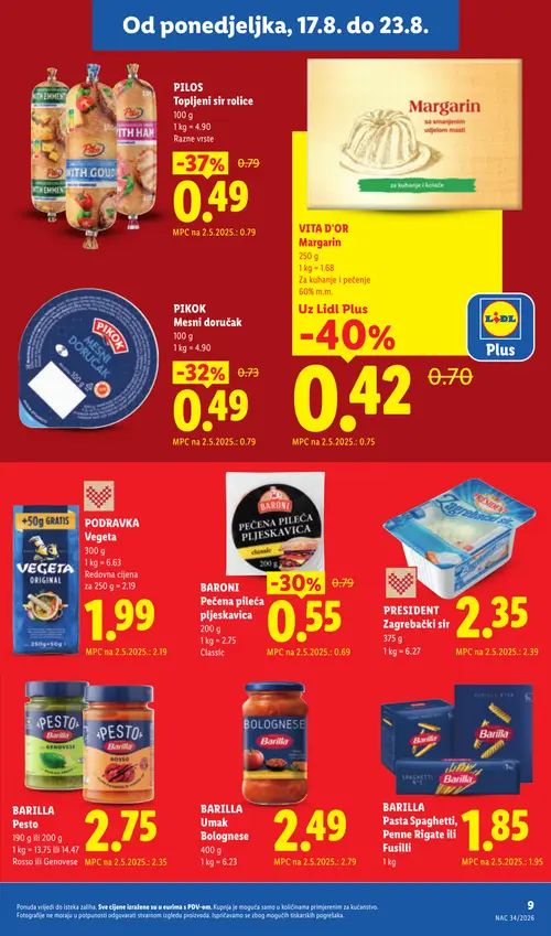 Lidl katalog — stranica 9: PILOS Topljeni sir rolice, PIKOK Mesni doručak, BARONI Pečena pileća pljeskavica Classic, BARILLA Umak Bolognese (vrijedi 17. 08. 2026.–23. 08. 2026.)