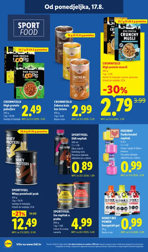 Lidl katalog — stranica 14: SPORTYFEEL EAA napitak Okus cole ili šumskog voća, CROWNHIELD High protein muesli, SPORTYFEEL Iso napitak u prahu Limun ili crvena naranča, SPORTYFEEL Whey proteinski prah Vanilija ili čokolada (vrijedi 17. 08. 2026.–23. 08. 2026.)