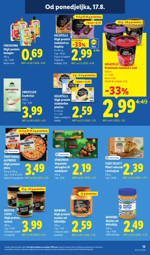 Lidl katalog — stranica 15: GELATELLI High protein sladoled na štapiću, GELATELLI High protein sladoledne pločice, CHEF SELECT Pileći odrezak s kvinojom, SWEETLIFE Erythritol (vrijedi 17. 08. 2026.–23. 08. 2026.)