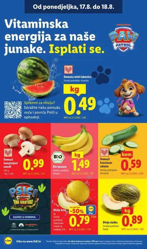 Lidl katalog — stranica 2: Domaća mini lubenica, Dinja slatka, Lidl Plus Dinja žuta, Domaći krastavac salatar (vrijedi 17. 08. 2026.–23. 08. 2026.)
