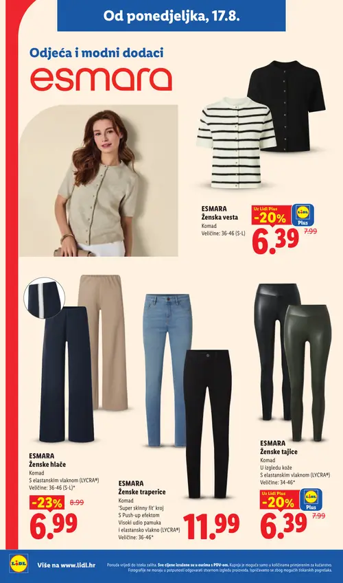 Lidl katalog — stranica 28: ESMARA Ženske hlače, ESMARA Ženska vesta, ESMARA Ženske tajice, ESMARA Ženske traperice (vrijedi 17. 08. 2026.–23. 08. 2026.)