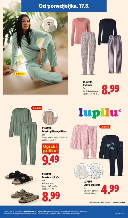 Lidl katalog — stranica 29: ESMARA Pidžama, ESMARA Ženska plišana pidžama, ESMARA Ženske natikače, LUPILU Dječja pidžama (vrijedi 17. 08. 2026.–23. 08. 2026.)
