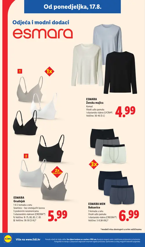 Lidl katalog — stranica 30: ESMARA Ženska majica, ESMARA Grudnjak, ESMARA MEN Bokserice (vrijedi 17. 08. 2026.–23. 08. 2026.)