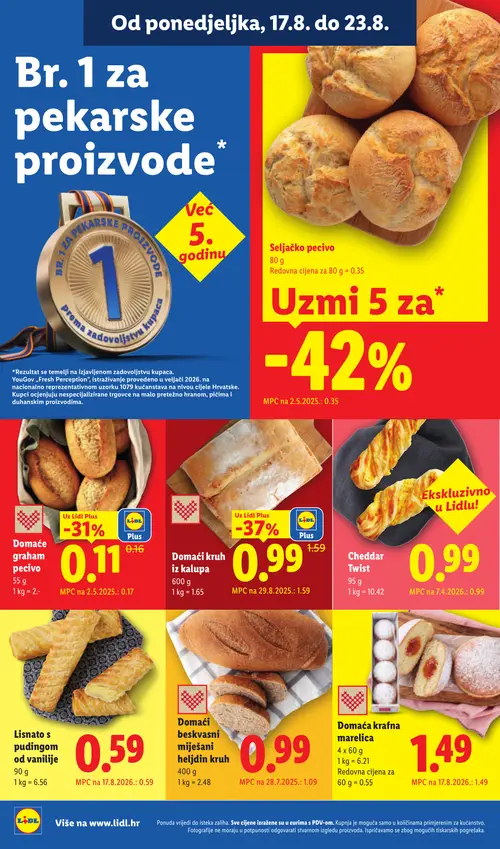 Lidl katalog — stranica 4: Lidl Plus Domaći kruh iz kalupa, Lidl Plus Domaće graham pecivo, Domaći beskvasni miješani heljdin kruh (vrijedi 17. 08. 2026.–23. 08. 2026.)