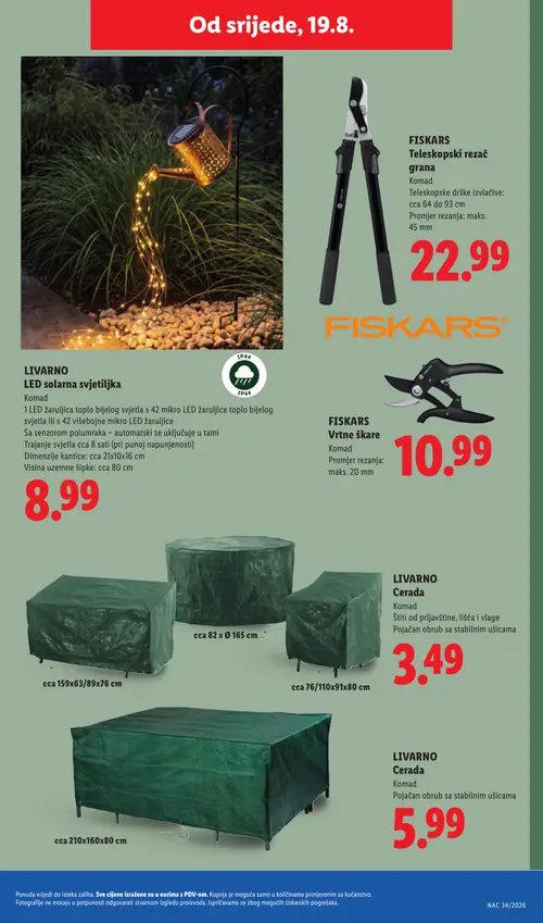Lidl katalog — stranica 41: FISKARS Teleskopski rezač grana, LIVARNO LED solarna svjetiljka, FISKARS Vrtne škare, LIVARNO Cerada (vrijedi 17. 08. 2026.–23. 08. 2026.)