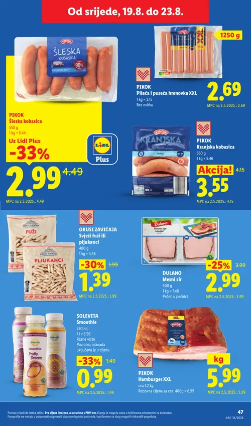 Lidl katalog — stranica 47: SOLEVITA Smoothie Fruity Dream, PIKOK Šleska kobasica, OKUSI ZAVIČAJA Fuži ili pljukanci, DULANO Mesni sir (vrijedi 17. 08. 2026.–23. 08. 2026.)