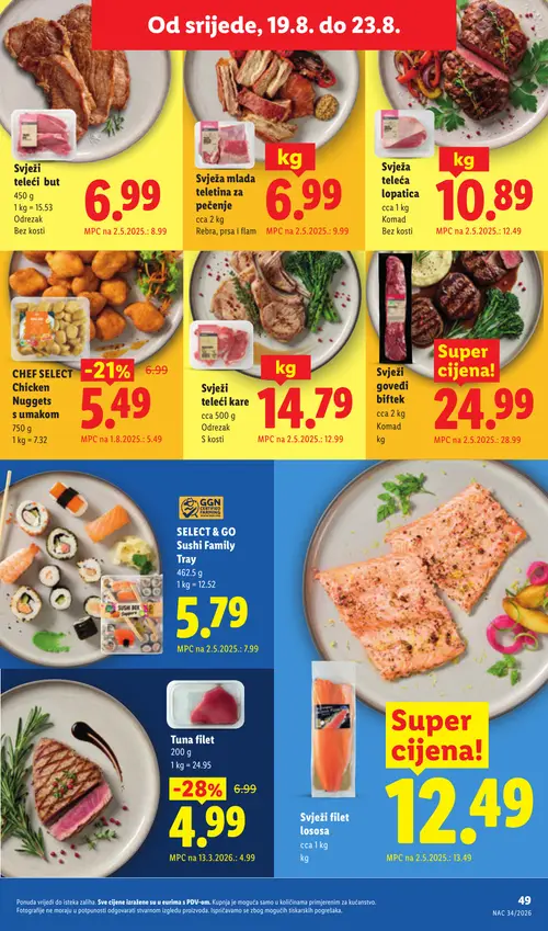 Lidl katalog — stranica 49: Tuna filet, SELECT & GO Sushi Family Tray, CHEF SELECT Chicken Nuggets s umakom, Svježi goveđi biftek (vrijedi 17. 08. 2026.–23. 08. 2026.)