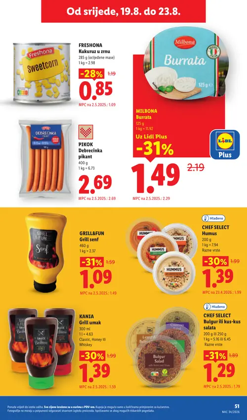 Lidl katalog — stranica 51: MILBONA Burrata, CHEF SELECT Bulgur ili kus-kus salata, GRILL&FUN Grill senf, KANJA Grill umak (vrijedi 17. 08. 2026.–23. 08. 2026.)