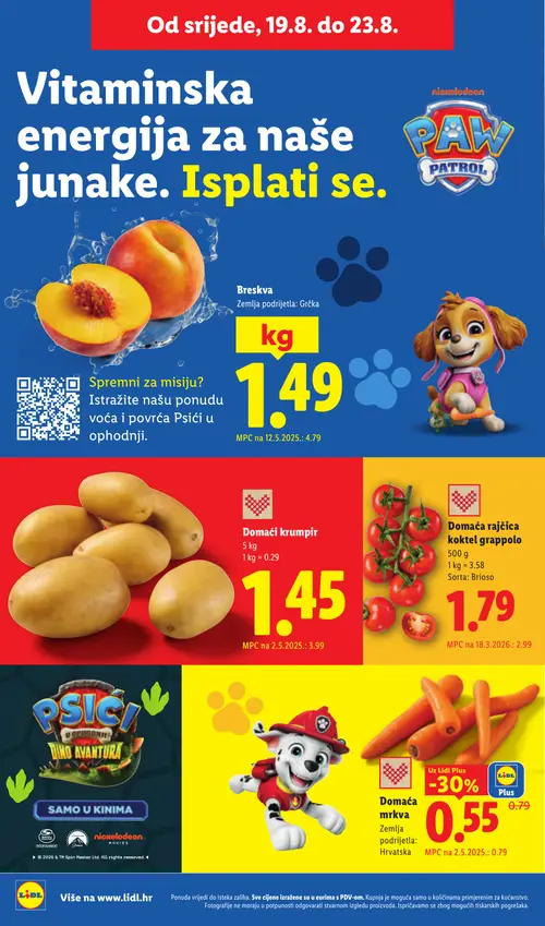 Lidl katalog — stranica 52: Breskva, Domaći krumpir, Domaća rajčica koktel grappolo, Domaća mrkva (vrijedi 17. 08. 2026.–23. 08. 2026.)