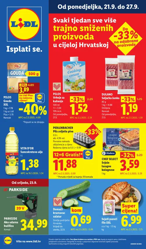 Lidl katalog — stranica 1: PILOS Vrhnje za kuhanje, DULANO Seljačka šunka, CHEF SELECT Svježe lasagne bolognese, Domaći krastavac salatar (vrijedi 21. 09. 2026.–27. 09. 2026.)