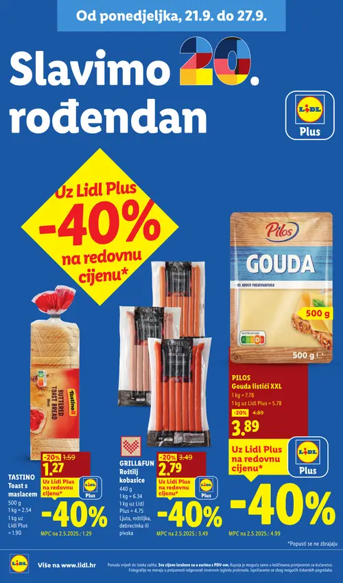Lidl katalog — stranica 10: PILOS Gouda listići XXL, GRILL&FUN Roštilj kobasice, TASTINO Toast s maslacem (vrijedi 21. 09. 2026.–27. 09. 2026.)