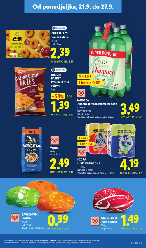 Lidl katalog — stranica 11: HARVEST BASKET Pommes Frites valoviti, GAVRILOVIĆ Pašteta, JAMNICA Prirodna gazirana mineralna voda, CHEF SELECT Gouda kolutići (vrijedi 21. 09. 2026.–27. 09. 2026.)