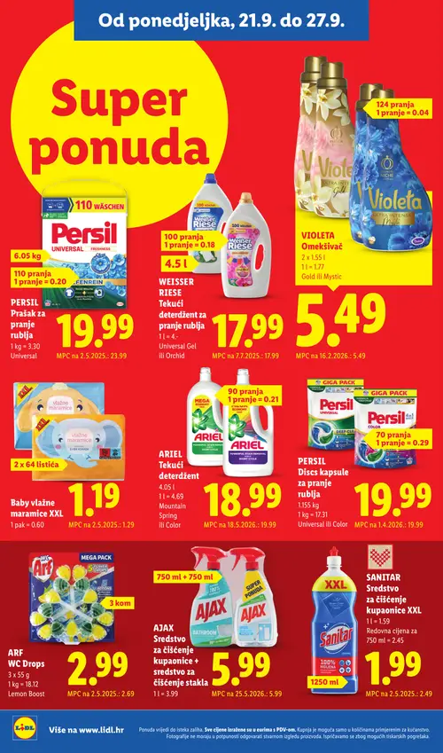 Lidl katalog — stranica 14: SANITAR Sredstvo za čišćenje kupaonice XXL, PERSIL Prašak za pranje rublja, Baby vlažne maramice XXL, ARIEL Tekući deterdžent (vrijedi 21. 09. 2026.–27. 09. 2026.)