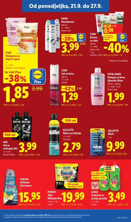 Lidl katalog — stranica 15: CIEN Lak za kosu Keratin, DOVE Deodorans, CIEN Nadopuna za tekući sapun, GILLETTE Pjena za brijanje Sensitive (vrijedi 21. 09. 2026.–27. 09. 2026.)