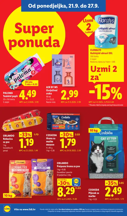 Lidl katalog — stranica 16: COSHIDA Cat litter clumping, ORLANDO Kobanica za pse, COSHIDA Hrana za mačke mousse, ORLANDO Potpuna hrana za pse (vrijedi 21. 09. 2026.–27. 09. 2026.)