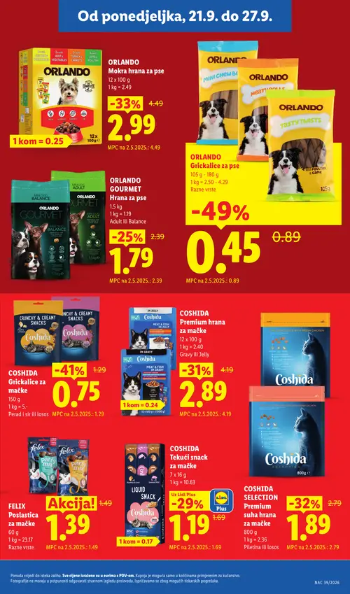 Lidl katalog — stranica 17: Orlando Grickalice za pse, Coshida Grickalice za mačke, Orlando Mokra hrana za pse, Coshida SELECTION Premium suha hrana za mačke (vrijedi 21. 09. 2026.–27. 09. 2026.)