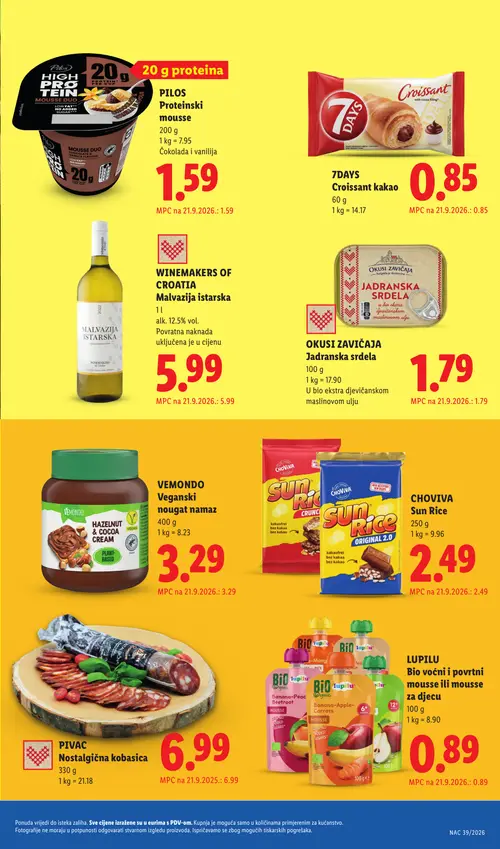 Lidl katalog — stranica 19: WINEMAKERS OF CROATIA Malvazija istarska, OKUSI ZAVIČAJA Jadranska srdela u bio ekstra dječjćem maslinovom ulju, Vemondo Hazelnut & Cocoa Cream, CHOVIVA Sun Rice original 2.0 (vrijedi 21. 09. 2026.–27. 09. 2026.)