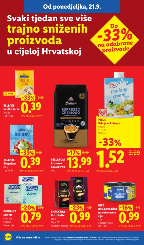 Lidl katalog — stranica 2: BELBAKE Šlag pjena, BELBAKE Vanilin šećer, PILS Cooking cream 10% fat, SNACK DAY Bruschette Rajčica ili češnjak (vrijedi 21. 09. 2026.–27. 09. 2026.)