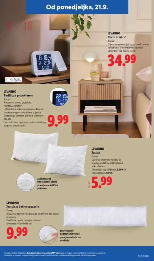 Lidl katalog — stranica 23: LIVARNO Noćni ormarić, LIVARNO Budilica s projektorom, LIVARNO Jastuk, LIVARNO Jastuk (vrijedi 21. 09. 2026.–27. 09. 2026.)
