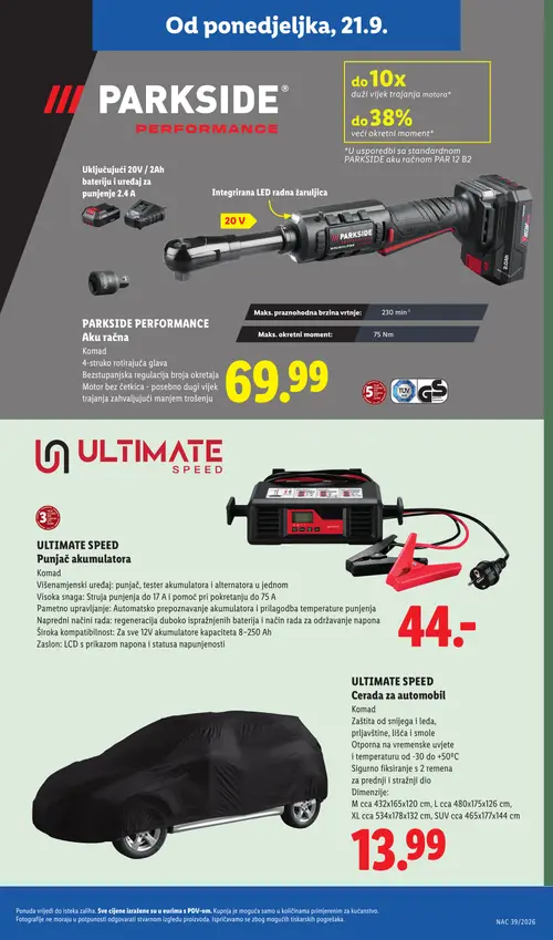 Lidl katalog — stranica 25: PARKSIDE PERFORMANCE Aku račna, ULTIMATE SPEED Punjač akumulatora, ULTIMATE SPEED Cerada za automobil (vrijedi 21. 09. 2026.–27. 09. 2026.)