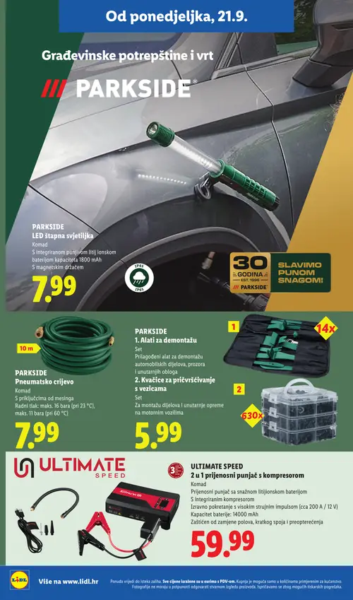 Lidl katalog — stranica 26: PARKSIDE LED štapna svjetiljka, PARKSIDE Pneumatsko crijevo, PARKSIDE 1. Alati za demontažu Set, ULTIMATE SPEED 2 u 1 prijenosni punjač s kompresorom (vrijedi 21. 09. 2026.–27. 09. 2026.)