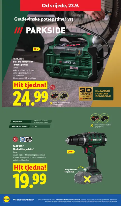 Lidl katalog — stranica 28: PARKSIDE 2 u 1 aku kompresor i zračna pumpa, PARKSIDE Aku bušilica/odvijač (vrijedi 21. 09. 2026.–27. 09. 2026.)