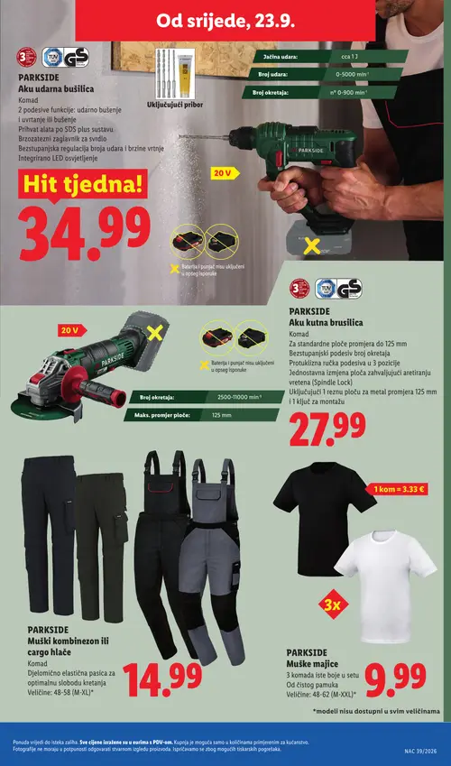 Lidl katalog — stranica 29: PARKSIDE Aku udarna bušilica, PARKSIDE Aku kutna brusilica, PARKSIDE Muški kombinezon ili cargo hlače, PARKSIDE Muške majice (vrijedi 21. 09. 2026.–27. 09. 2026.)