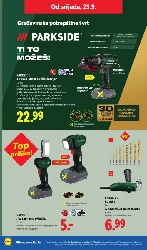 Lidl katalog — stranica 30: PARKSIDE 3 u 1 aku udarna bušilica/odvijač, PARKSIDE Aku LED ručna svjetiljka, PARKSIDE 1. Svrdla Set 2. Nastavak za kutno bušenje (vrijedi 21. 09. 2026.–27. 09. 2026.)