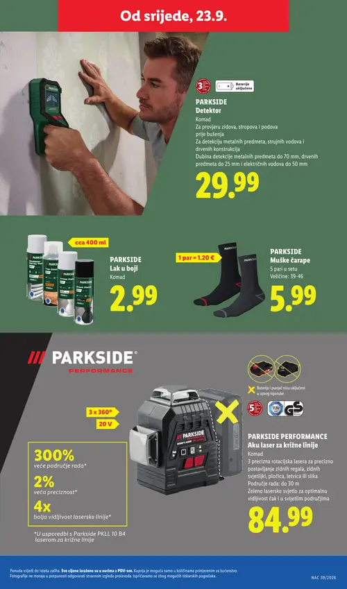 Lidl katalog — stranica 31: PARKSIDE Detektor, PARKSIDE Muške čarape, PARKSIDE Aku laser za križne linije (vrijedi 21. 09. 2026.–27. 09. 2026.)
