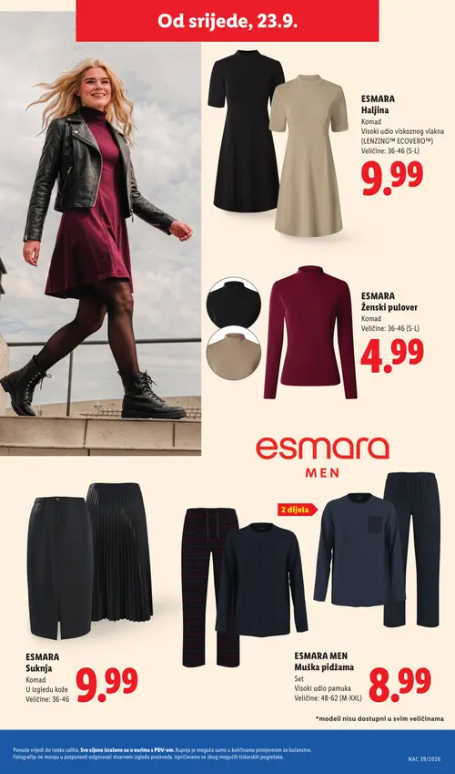 Lidl katalog — stranica 33: ESMARA Haljina, ESMARA Ženski pulover, ESMARA Suknja, ESMARA MEN Muška pidžama (vrijedi 21. 09. 2026.–27. 09. 2026.)