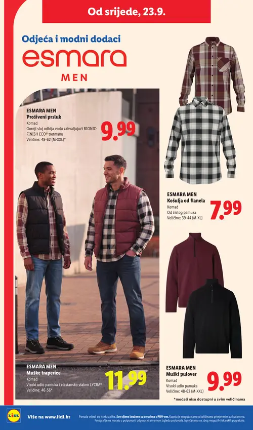 Lidl katalog — stranica 34: ESMARA MEN Prošiveni prsluk, ESMARA MEN Košulja od flanela, ESMARA MEN Muške traperice, ESMARA MEN Muški pulover (vrijedi 21. 09. 2026.–27. 09. 2026.)