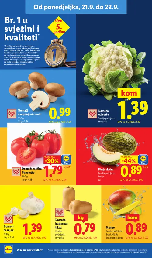 Lidl katalog — stranica 4: Dinja slatka, Domaća butternut tikva, Mango, Domaća rajčica Papeletto (vrijedi 21. 09. 2026.–27. 09. 2026.)