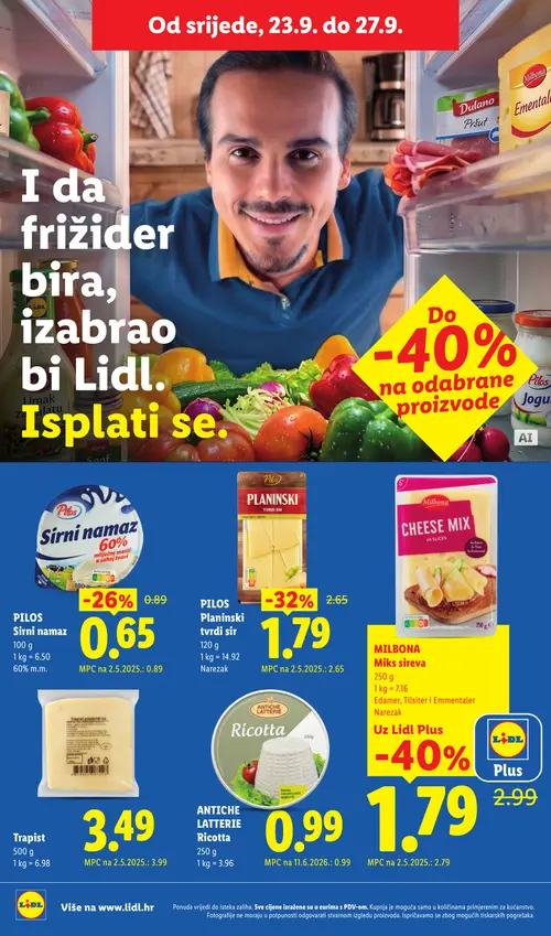 Lidl katalog — stranica 44: MILBONA Miks sireva, PILOS Planinski tvrdi sir, PILOS Sirni namaz, Trapist (vrijedi 21. 09. 2026.–27. 09. 2026.)