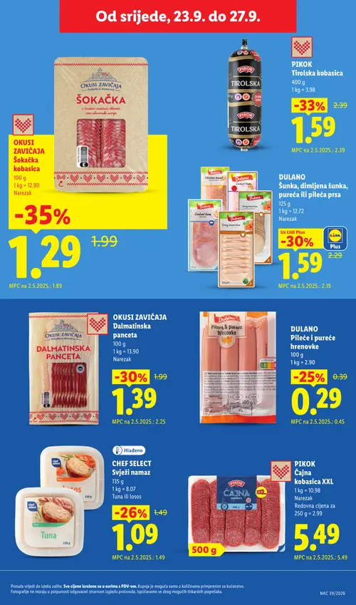 Lidl katalog — stranica 45: OKUSI ZAVIČAJA Šokačka kobasica, PIKOK Tirolska kobasica, DULANO Šunka, dimljena šunka, pureća ili pileća prsa, OKUSI ZAVIČAJA Dalmatinska panceta (vrijedi 21. 09. 2026.–27. 09. 2026.)