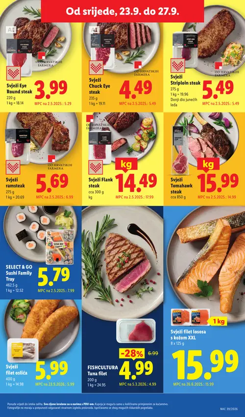 Lidl katalog — stranica 47: FISH CULTURA Tuna filet, SELECT & GO Sushi Family Tray, Svježi Flank steak, Svježi ramsteak (vrijedi 21. 09. 2026.–27. 09. 2026.)